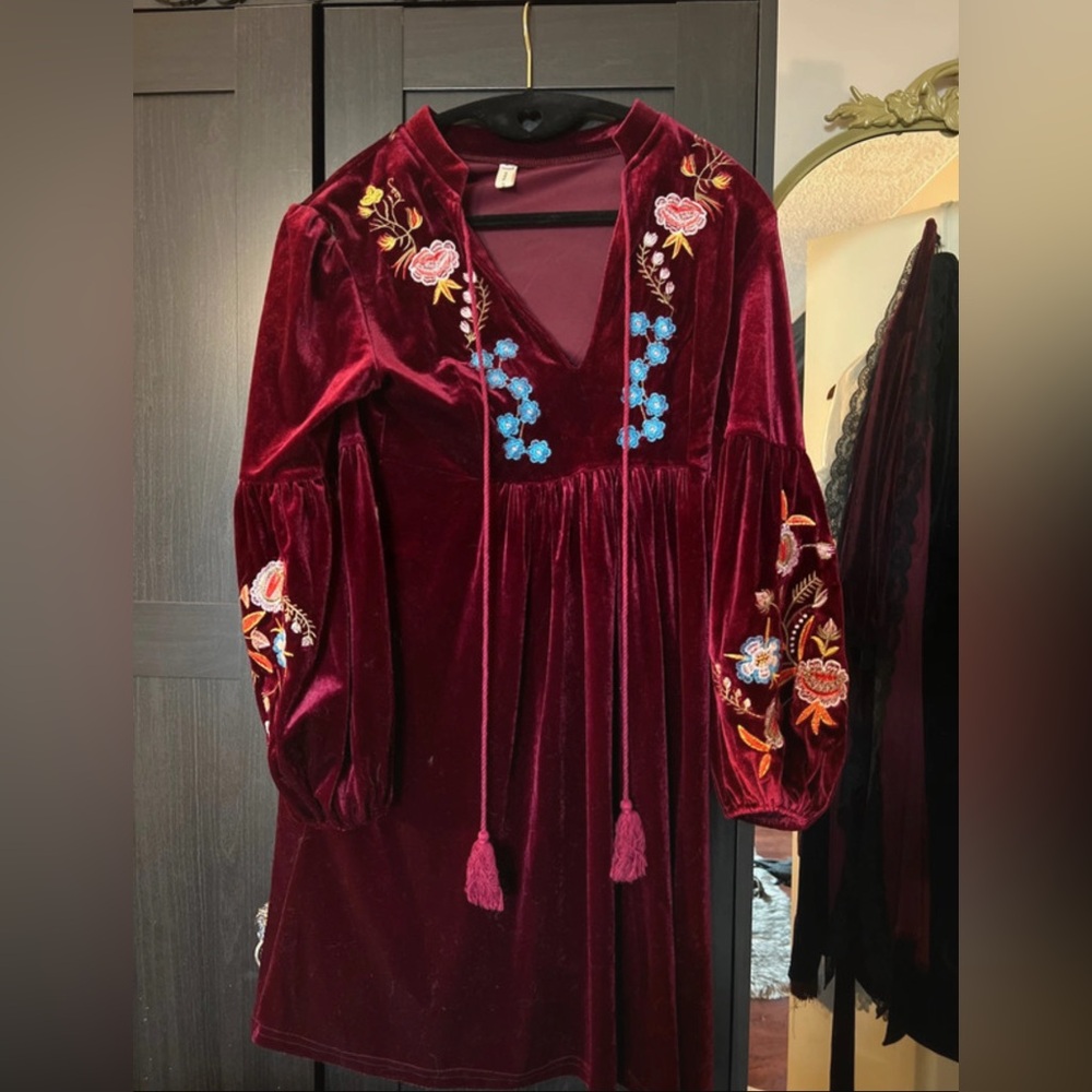 Embroidered Velvet Dress with Floral Design